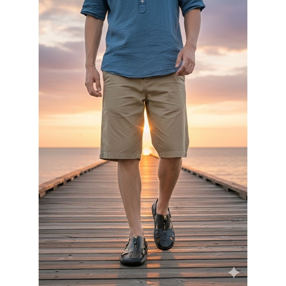 Men's Black Leather Fisherman Sandals‎ with Zipper Closure, Breathable